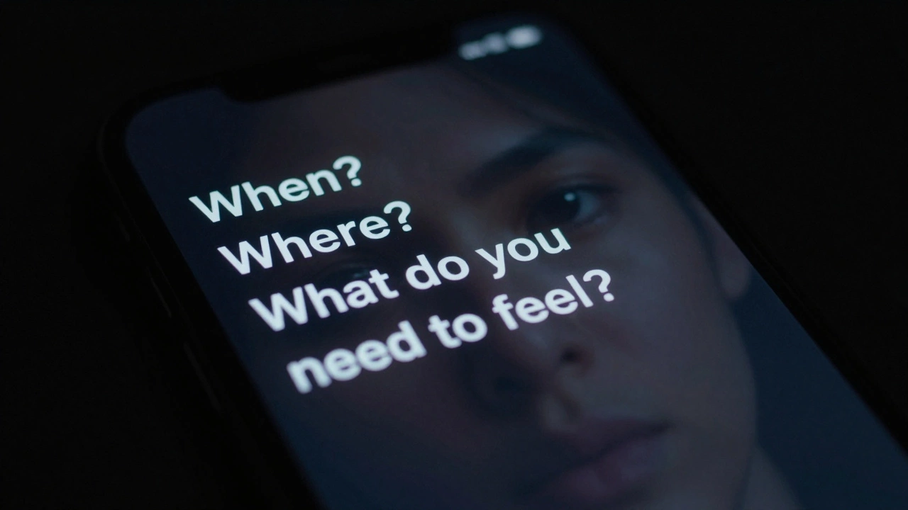 A black smartphone screen in darkness displaying only cryptic private messages with no sender info.