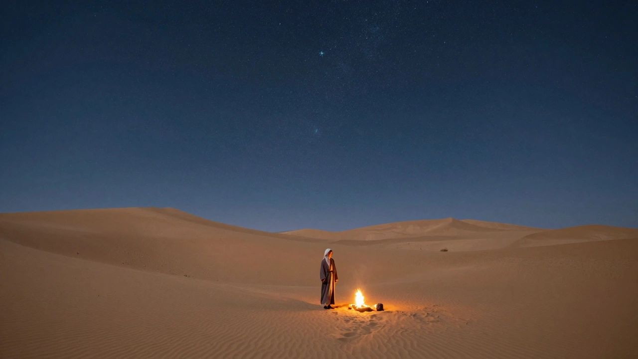 A solitary figure in the desert under a vast starry sky, surrounded by stillness and swirling sand.