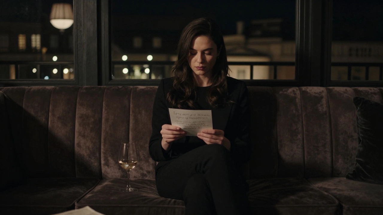 A woman sitting alone in a hotel lounge, holding a handwritten note, Paris lights glowing softly through the window.