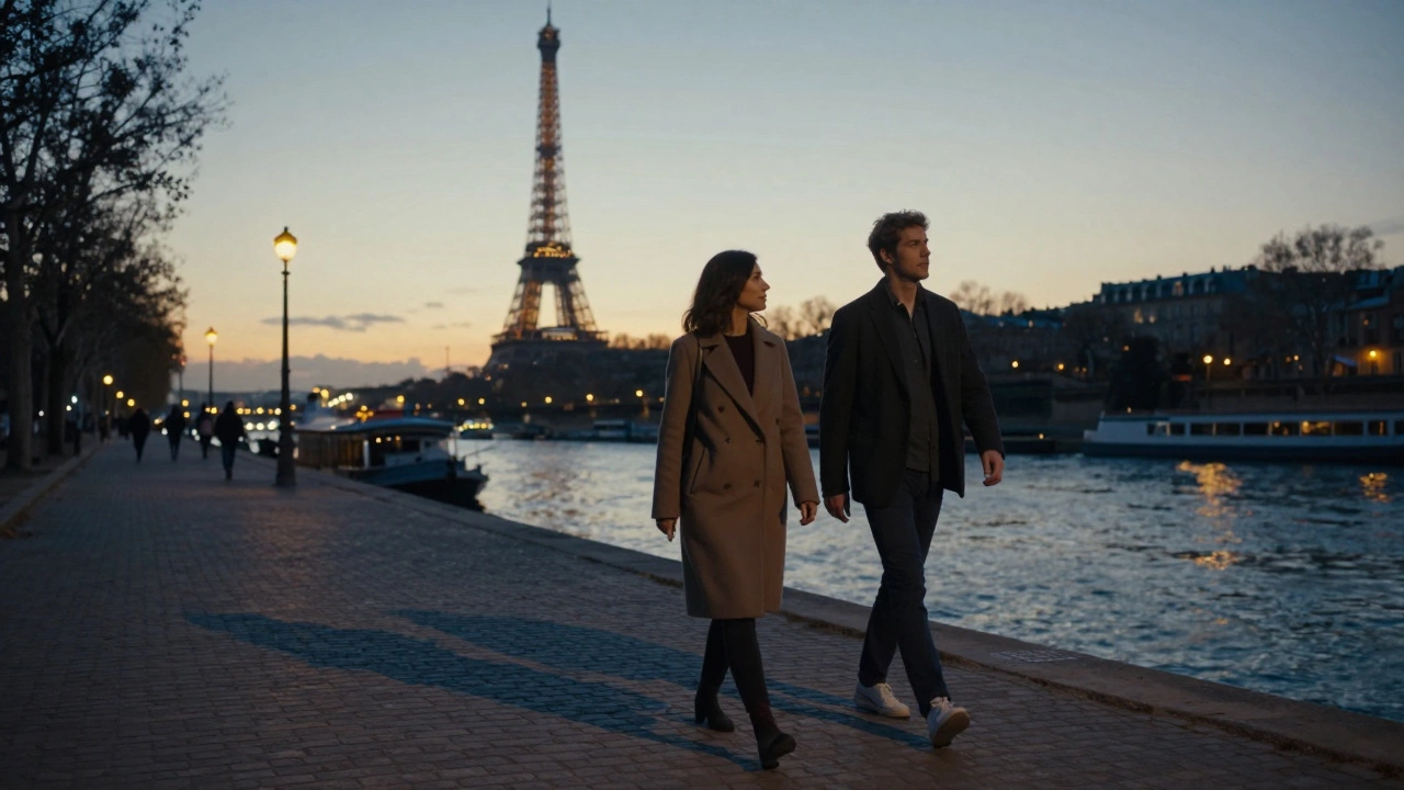 Two people walking along the Seine at dusk, side by side, gazing at the city lights, no touch, just companionship.